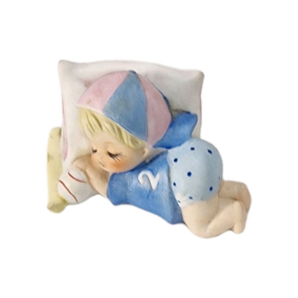 Vtg Lefton Baseball Baby Sleeping On Pillow Hand Painted Bisque Porcelain - Picture 3 of 8